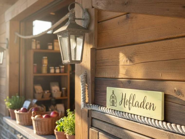 Gelbes Hofladen-Schild an einer dunklen Holzwand im Innenraum