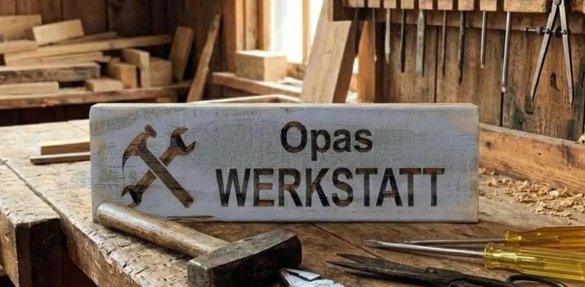Graues Werkstattschild mit Hammer- und Schraubenschlüsselmotiv auf einer alten Hobelbank, dahinter Werkzeug an der Wand